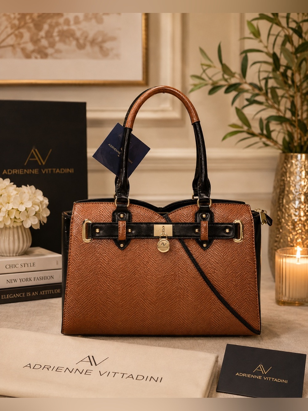 NWT Adrienne Vittadini Signature Front Lock Satchel - Cognac/Black